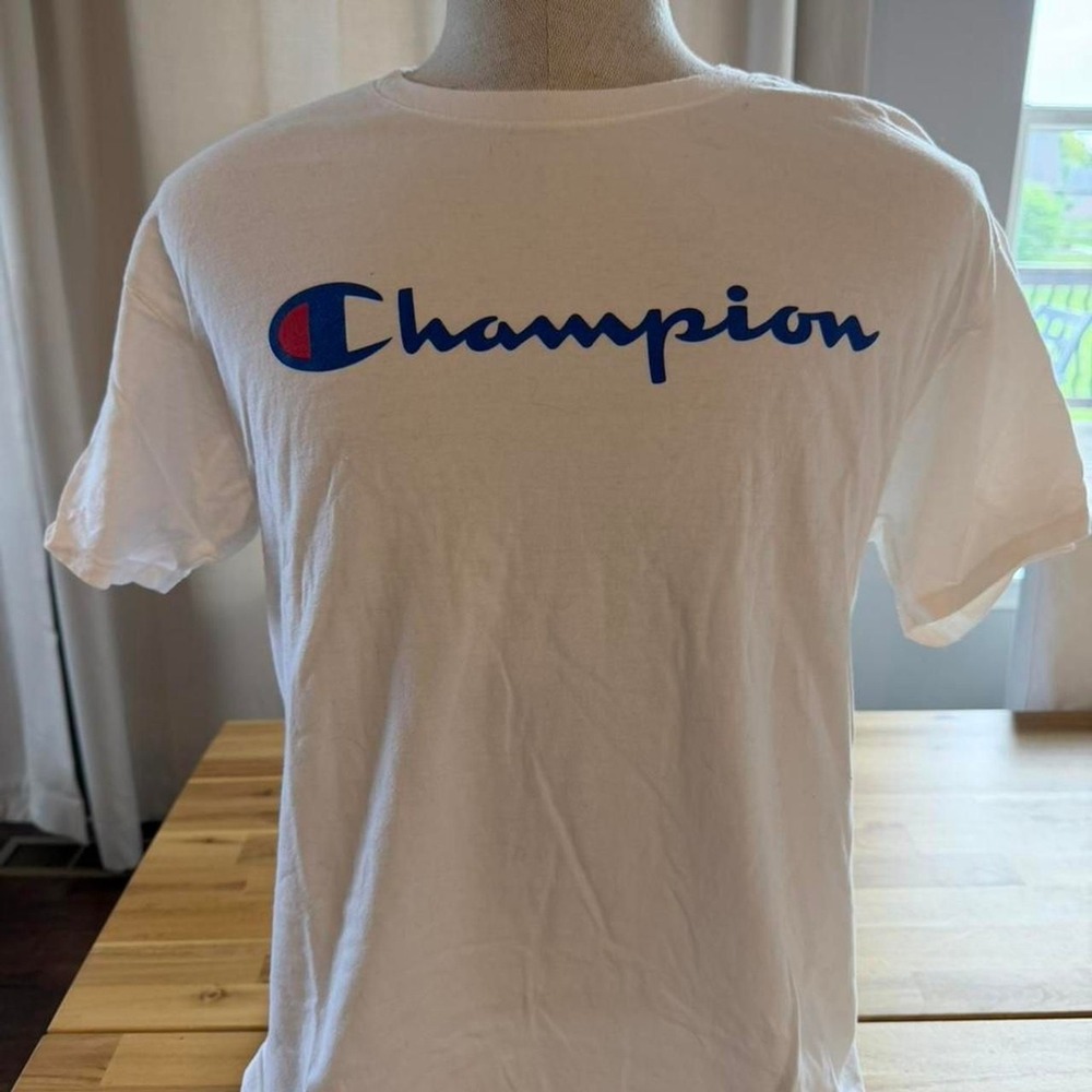 Champion Mens White T Shirt Blue Script Logo Short Sleeve Crew Neck L